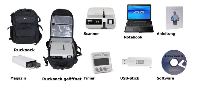 Transportkoffer, Scanner, Notebook, Anleitung, Magazin, Diabetrachter, Timer, USB-Stick, Software